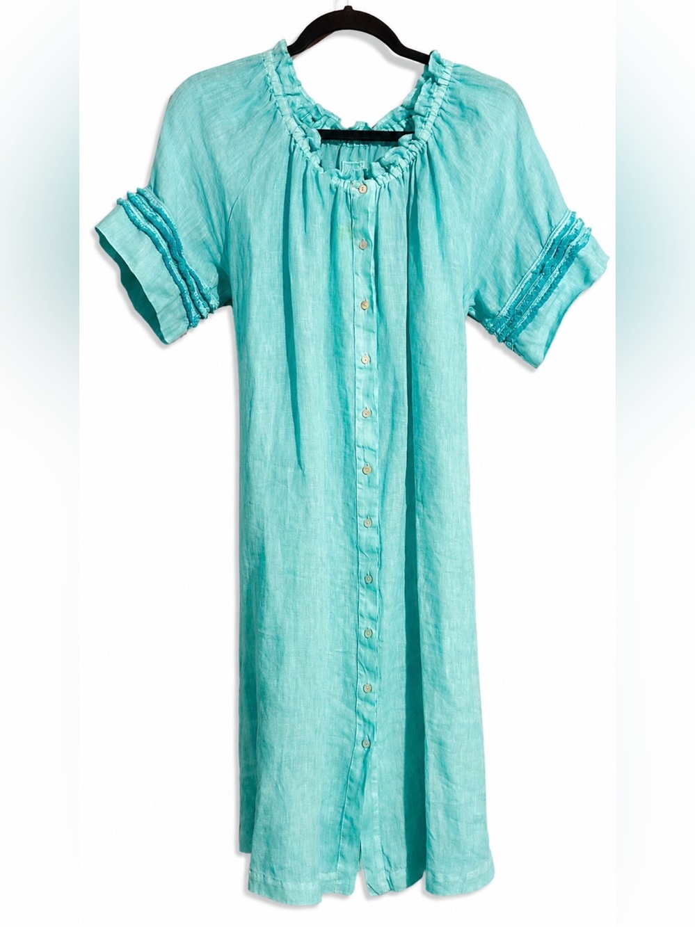 NWOT 120% Lino CottagCore 100% Linen Button-Front Midi Dress Ruffle Neck, L